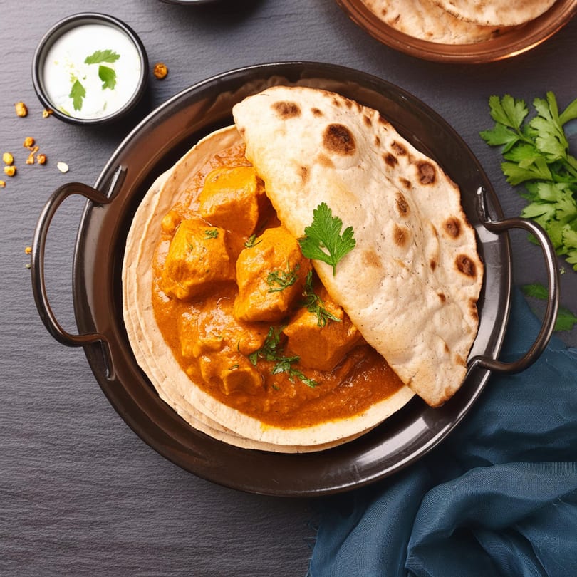 Indian chicken curry with naan bread, garnished with cilantro, served with yogurt sauce.
