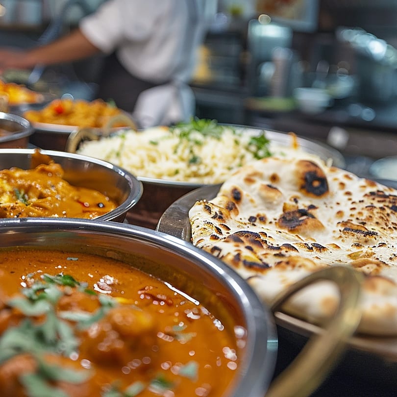 Indian dishes, including naan bread, rice, and two curries, served in metal bowls.