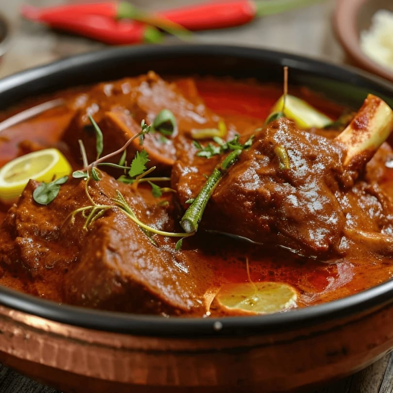 Indian Nepali lamb curry in a copper pot, garnished with fresh herbs and lemon slices.
