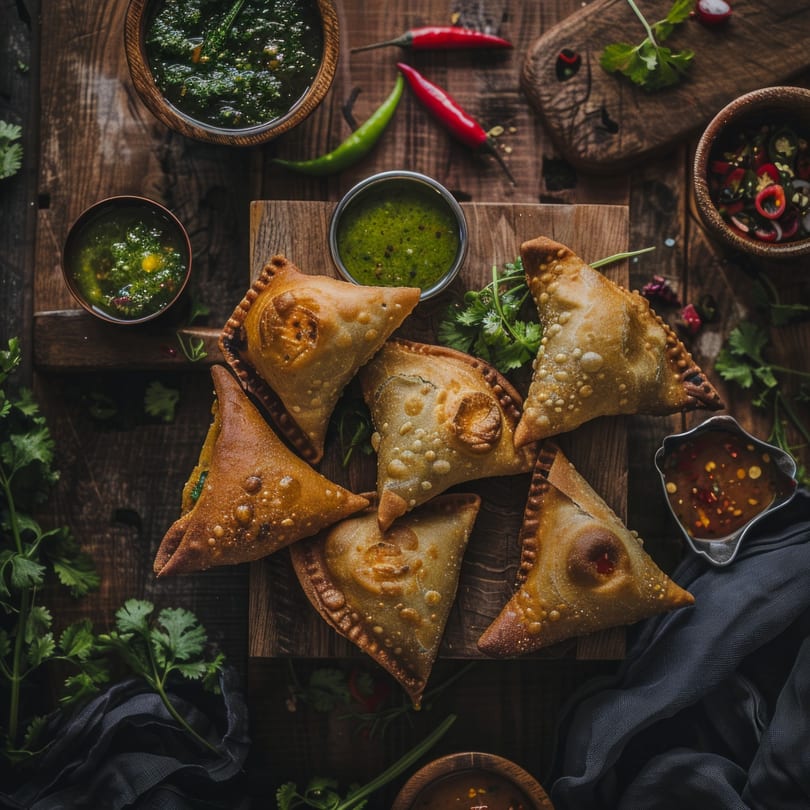 Golden-brown Indian samosas arranged on a wooden board with green chutney and chili peppers.