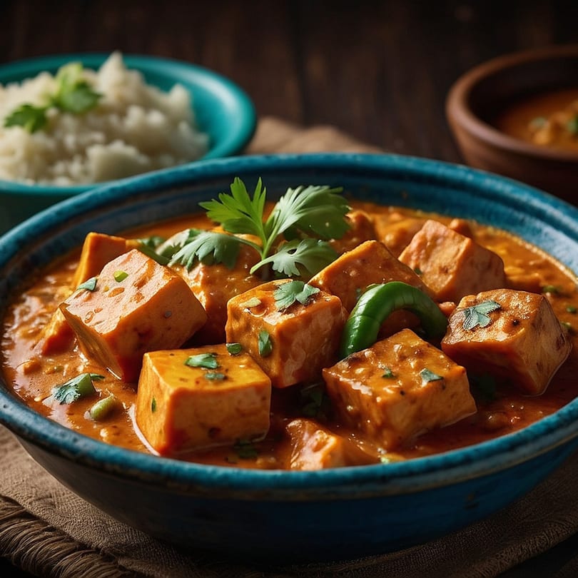Close-up of paneer butter masala in a blue bowl, garnished with cilantro, with rice in the background.
