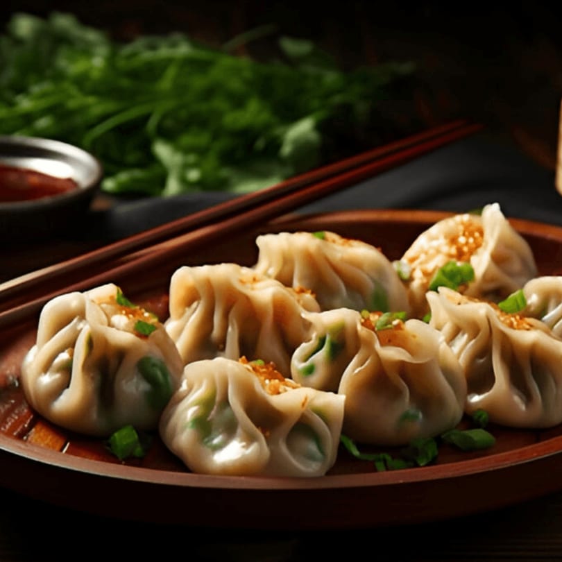 A plate of steamed momos, garnished with green onions and spices, with chopsticks and sauce.